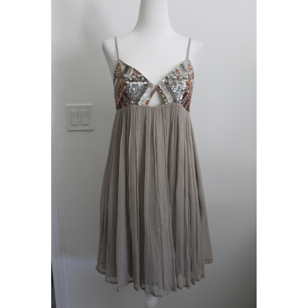 Chan Luu Taupe Embellished Sequin Empire Waist Mini Dress Women's Medium Grey